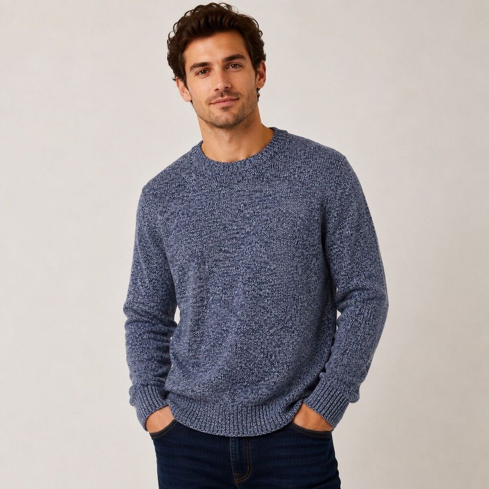 St Johns Bay Mens Large Sweater Night Sky Blue Marl 100% Cotton Crewneck Preppy